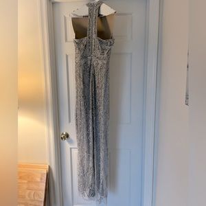 Adrianna Papell Mock Neck Silver Beaded Column Dress with T-Back. Size 8.